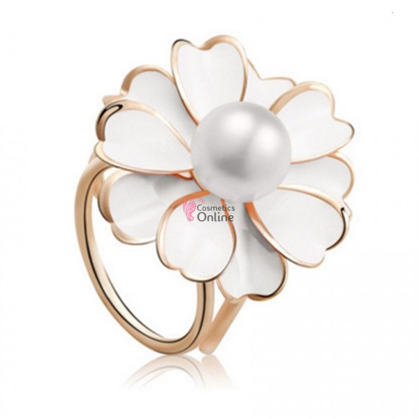 Inel elegant pentru esarfa din metal Cod PIMS007 Argintiu cu floare si perla alba